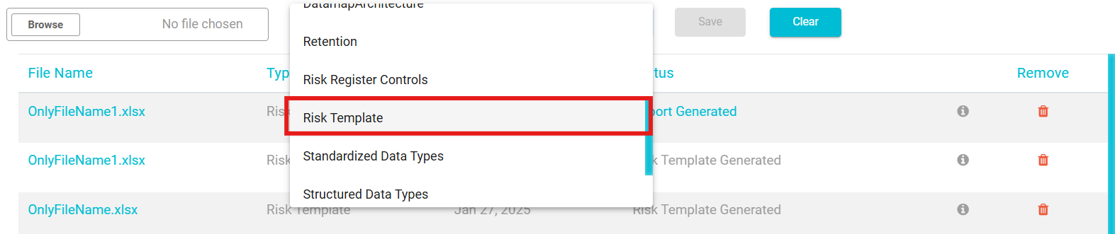 Image displaying the selection of risk template from drop-down