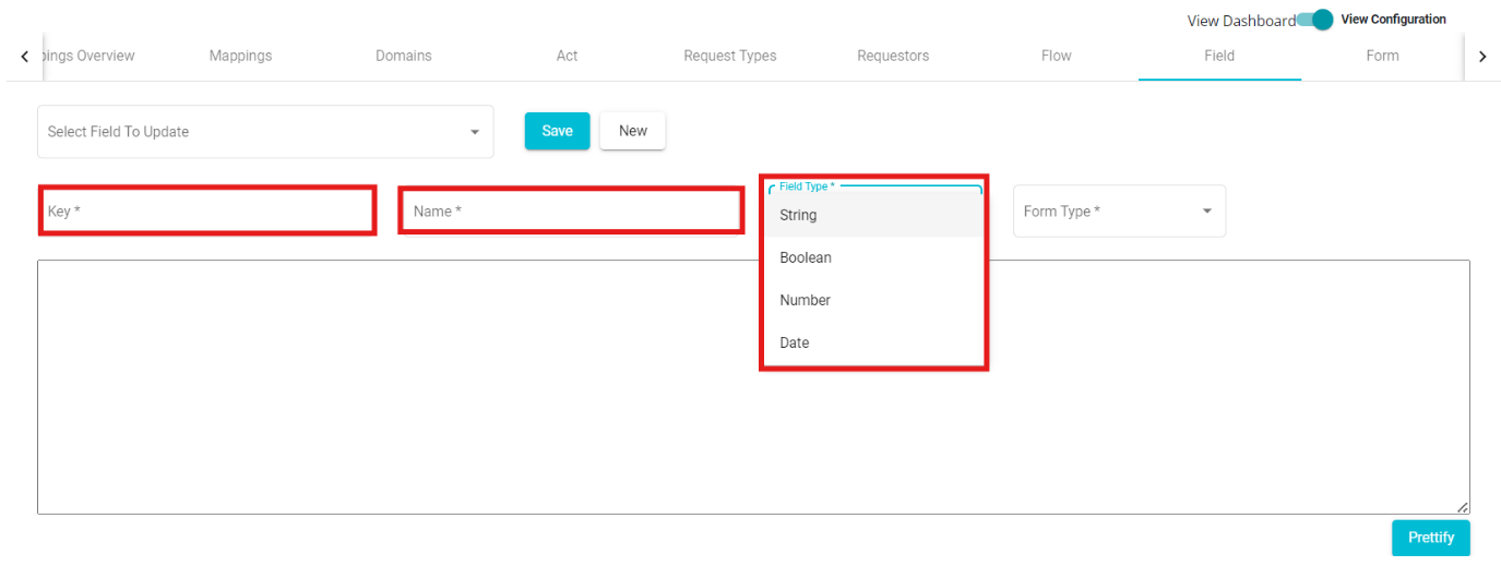 image highlighting name,key and field type drop-down 